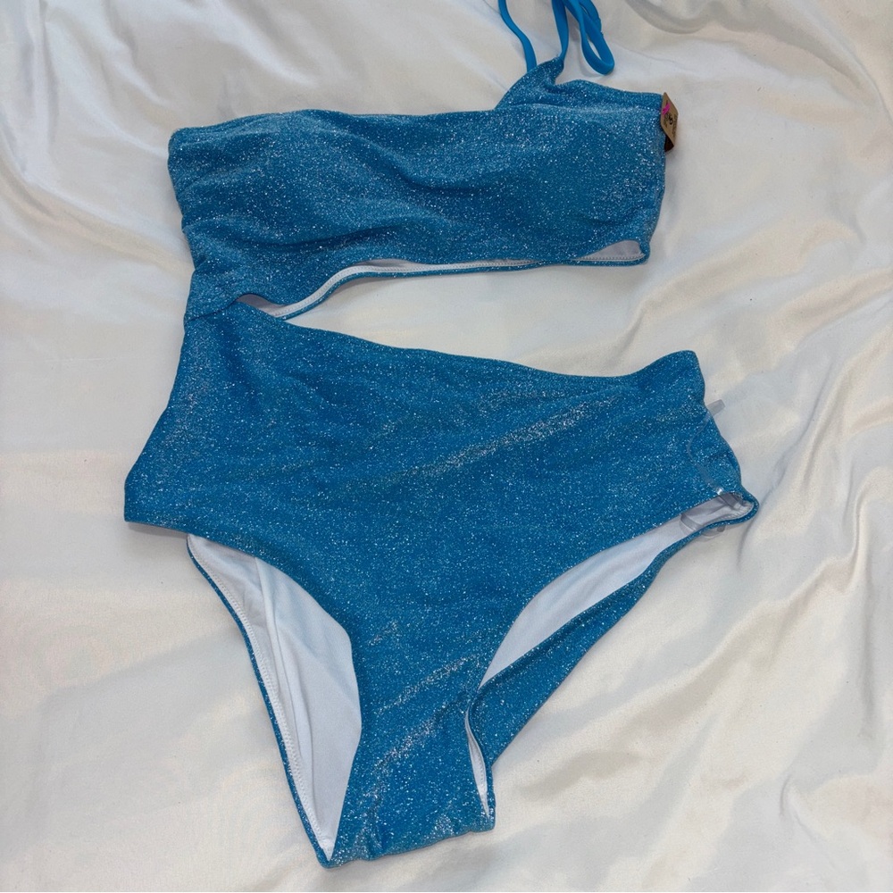 NWT Pink Victorias Secret Blue Sparkle One Shoulder Bikini Size XL